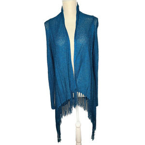 Chico women's blue boho fringe open front sheer cardigan wrap shawl rayon S/M
